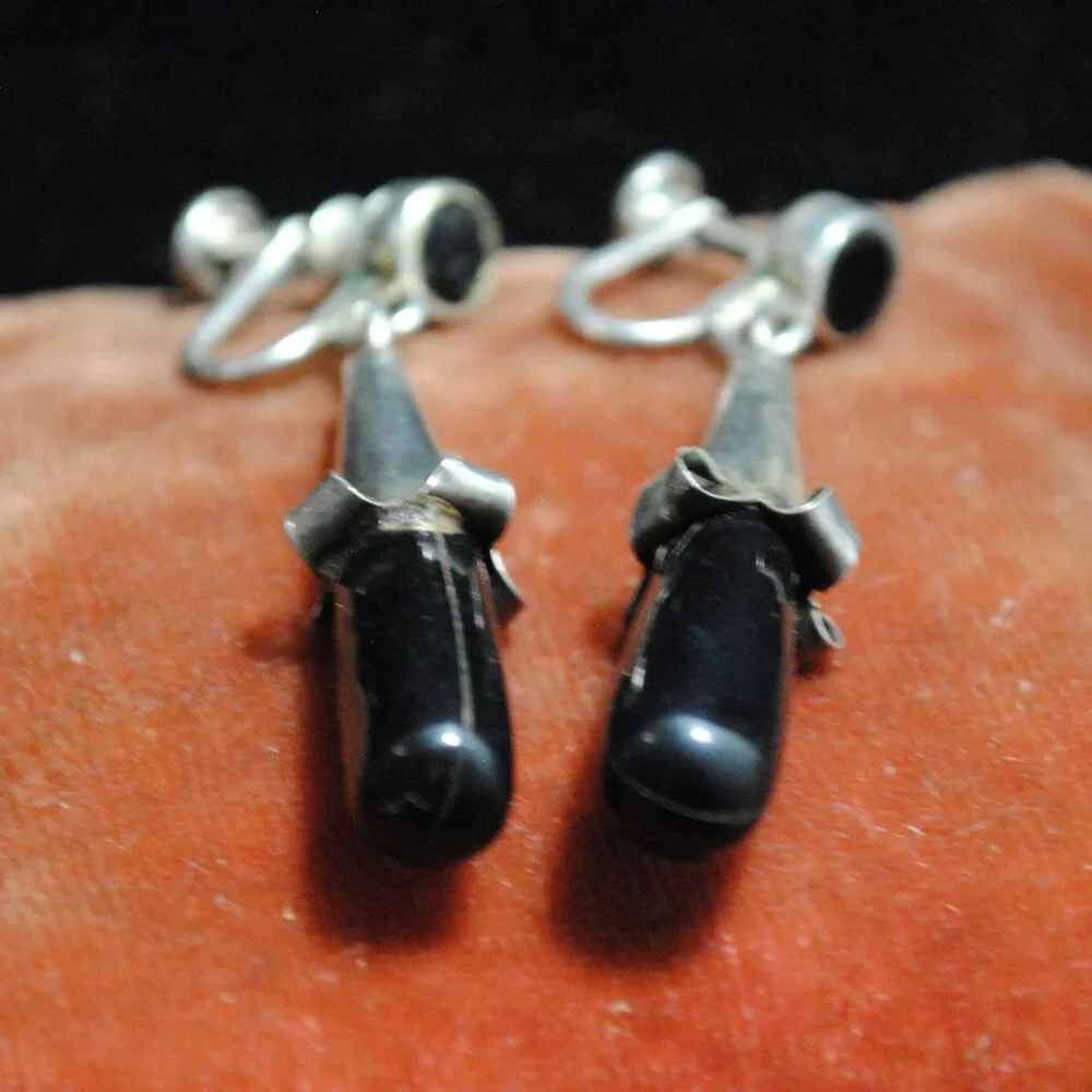 Vintage Sterling Silver Drop Screw-back Flower Earrings with Black Plastic